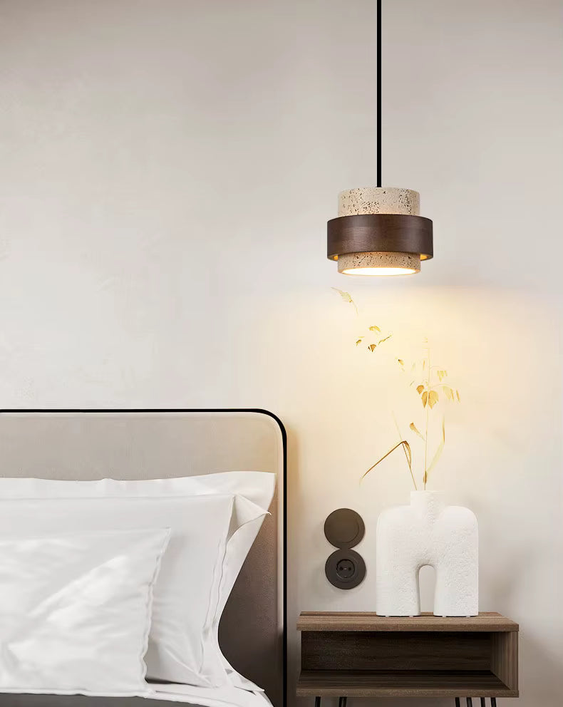 Modern LED Pendant Lamp – Natural Stone & Wood Hanging Light (Adjustable Wire)