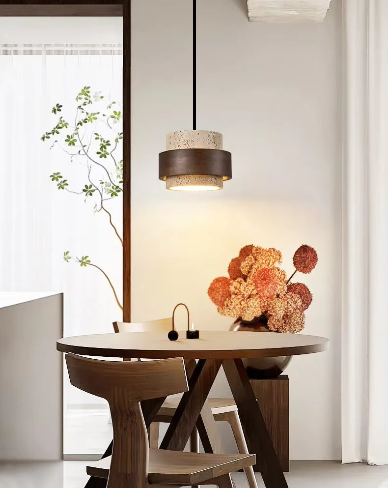 Modern LED Pendant Lamp – Natural Stone & Wood Hanging Light (Adjustable Wire)