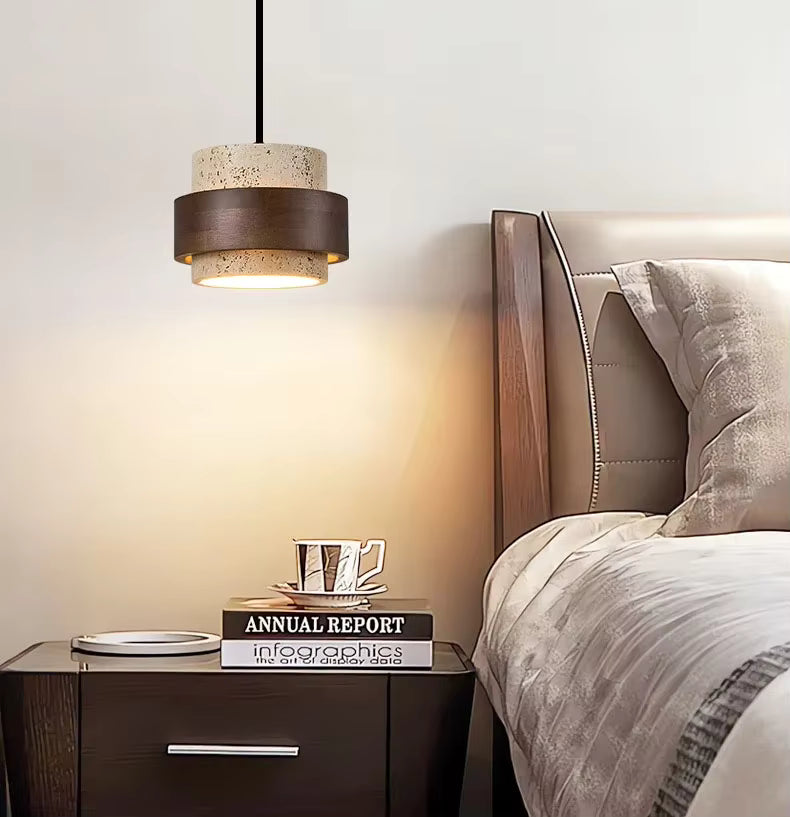 Modern LED Pendant Lamp – Natural Stone & Wood Hanging Light (Adjustable Wire)