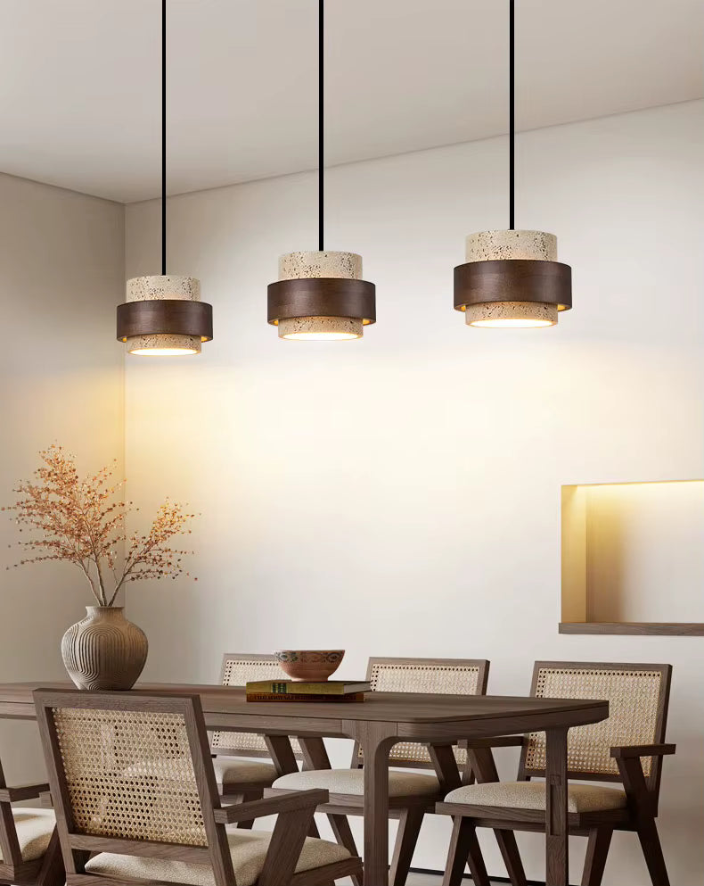 Modern LED Pendant Lamp – Natural Stone & Wood Hanging Light (Adjustable Wire)